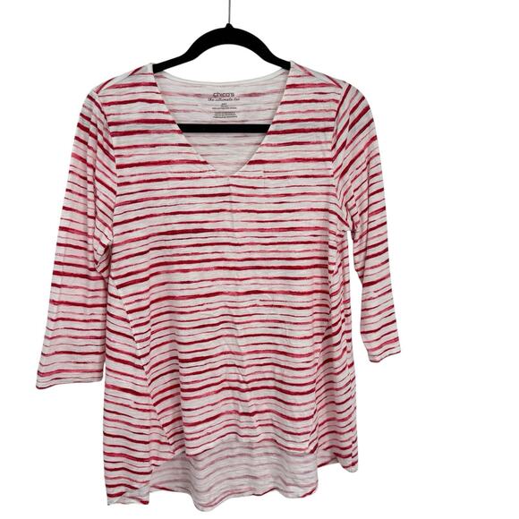 Chicos 1 The Ultimate Tee Medium V-Neck White Wavy Red Striped 3/4 Sleeve Top - Picture 8 of 8